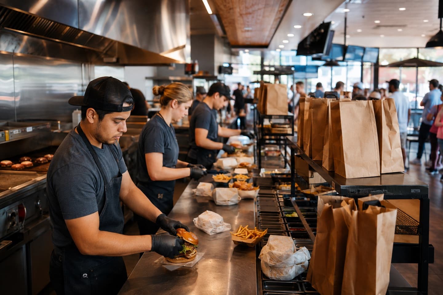 Crew preparing burgers and takeaway orders during a busy quick-service lunch rush